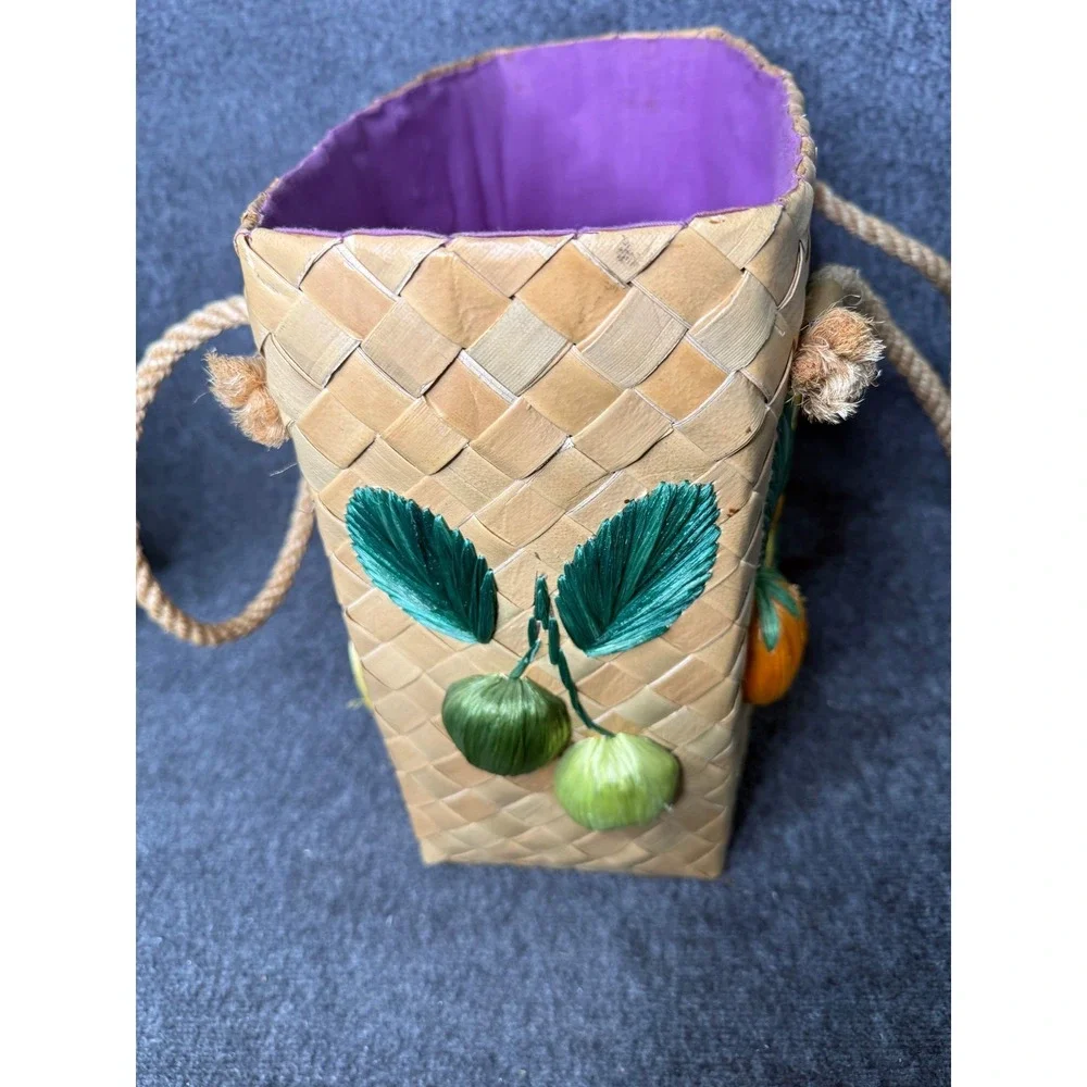 60s Raffia 3d Fruit Embroidered Tote Bag